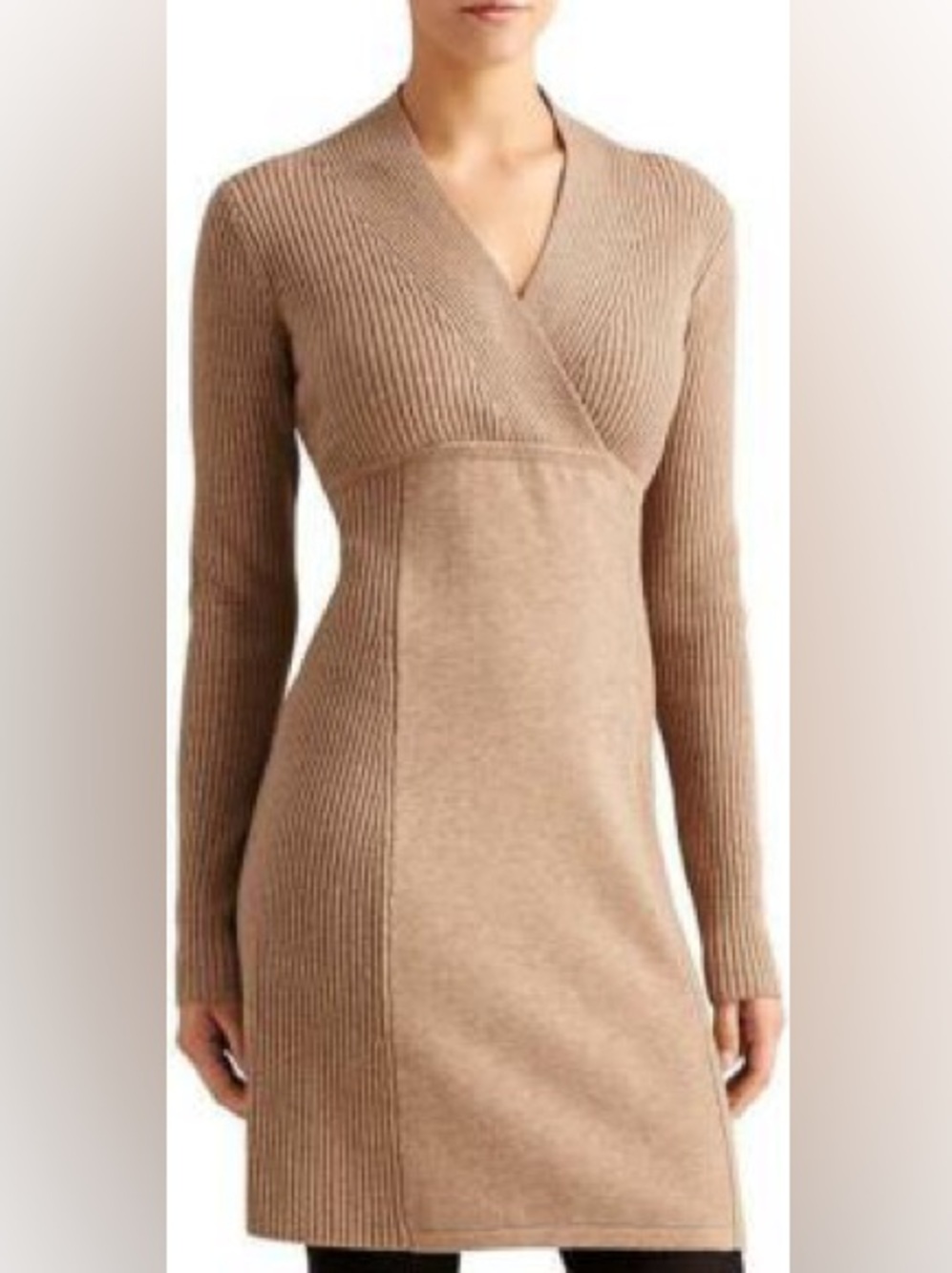 Athleta Chalet Tan‎ Merino Wool Ribbed V-Neck Sweater Dress XSP